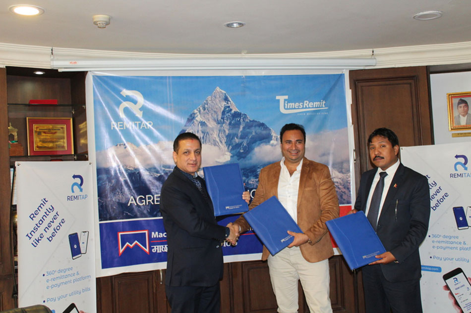 Machhapuchchhre Bank's Tri-party agreement with Times Remit and AMV Tel company regarding Remitap mobile wallet.